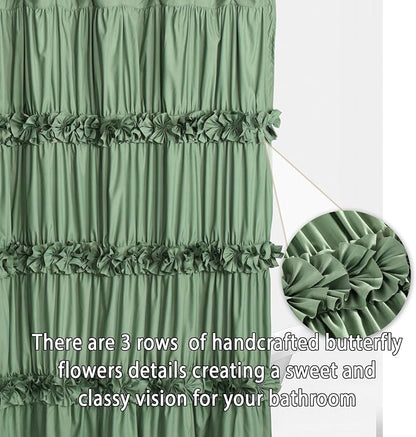 Homechoice Decor Light Green Ruffle Shower Curtain 72“ W x 84” H | Vintage Handcrafted Bow Tie Bath Curtain for Master Bathroom, Ruched Microfiber Bathroom Curtain with 12 Buttonholes (LQ-10)