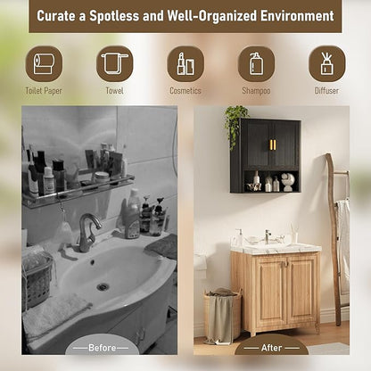 Bathroom Wall Cabinet, Wall-Mounted Medicine Cabinet with Adjustable Wood Shelf & Doors, Floating Bathroom Cabinet Over Toilet for Laundry Room & Kitchen & Living Room (Black)