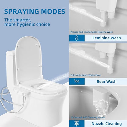 Bidet Attachment for Toilet, Adjustable WHot and Cold Water & Pressure, Self-Cleaning Dual Nozzles, Easy Install (White)