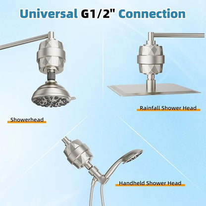 10" Metal Filtered Shower Head with 10-Mode Handheld, Brushed Nickel | NSF/ANSI/CAN 372 Certified, High Pressure Showerhead Combo, 20 Stage Shower Filter, 11" Shower Arm, 71" Hose, Shower Holder