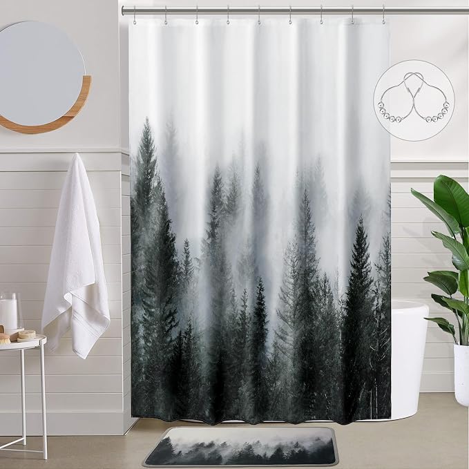 ORTIGIA 54x78 Misty Forest Stall Shower Curtain for Small Bathroom, Dark Green Narrow Nature Woodland Curtain Set with Hooks, Waterproof Fabric Pine Tree Fog Magic Home Bath Curtain
