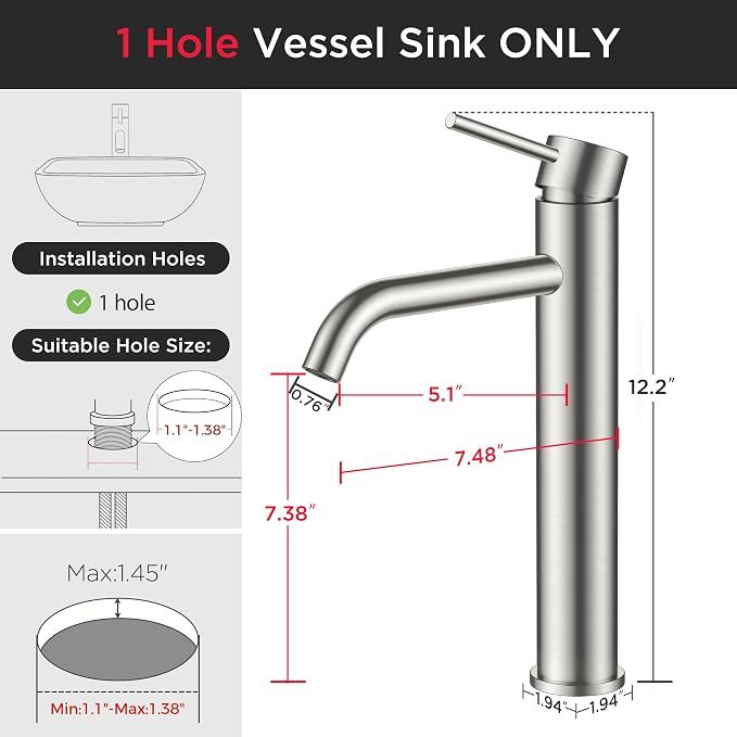 FORIOUS Vessel Tall Bathroom Faucet 1 Hole Brushed Nickel Single Handle | for 1 Hole Vessel Sink Only, Single Handle Faucet with Pop up Drain, for Basin Bowl Vanity Lavatory Residential/Commercial