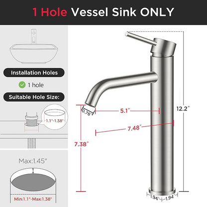 FORIOUS Vessel Tall Bathroom Faucet 1 Hole Brushed Nickel Single Handle | for 1 Hole Vessel Sink Only, Single Handle Faucet with Pop up Drain, for Basin Bowl Vanity Lavatory Residential/Commercial