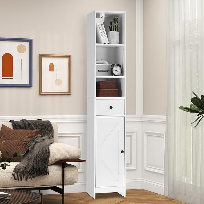 GarveeHome Tall Narrow Bathroom Cabinet, 66.9" Small Skinny Bathroom Storage Cabinet for Small Spaces | Freestanding Water Resistant Organizer for Bathroom, Kitchen, Hallway (3 Open Shelves, White)