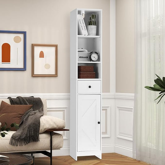 GarveeHome Tall Narrow Bathroom Cabinet, 66.9" Small Skinny Bathroom Storage Cabinet for Small Spaces | Freestanding Water Resistant Organizer for Bathroom, Kitchen, Hallway (3 Open Shelves, White)