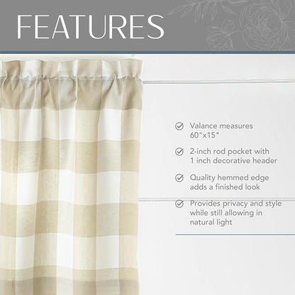 Farmhouse Living Buffalo Check Window Valance, Tan/White - 60" W x 15" L