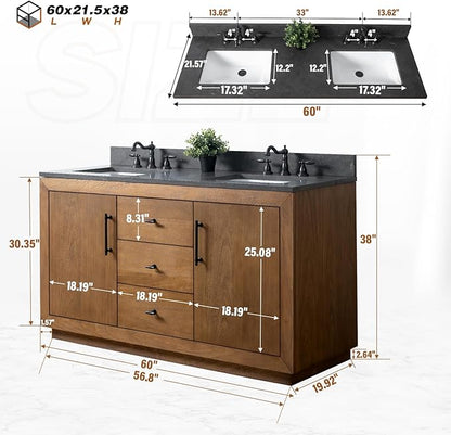 HOMEBEYOND 60" Bathroom Vanity with Double Sink & Ceramic Top, MDF Material Vanity Cabinet with Basin Combo, Soft-Closing Doors, Removable Shelf, Backsplash, Tan