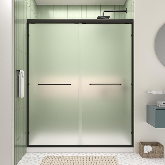 44-48" W x 72" H Double Sliding Shower Door with Frosted Glass, Matte Black | Semi-Frameless Bypass Shower Doors for Walk-in Shower, 6mm Frosted SGCC Tempered Glass Nano Coating, Reversible Installation