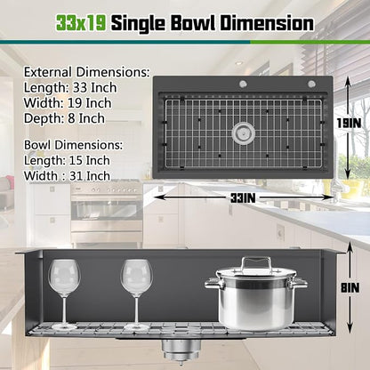 33x19In Black Drop-in Workstation Sink,Stainless Steel,Single Bowl | Modern Topmount Kitchen Sink Combo, Include Grid,Drying Rack,SS Colander,Cutting Board, Compatibility With Various Kitchen