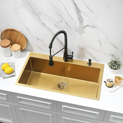 Gold Kitchen Sink, 33x19 Drop In Kitchen Sink Stainless Steel | Top Mount Kitchen Sink 16 Gauge Stainless Steel Deep Single Bowl Sink with Drain Assembly