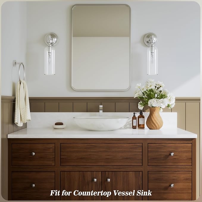 Brushed Nickle Single Hole Tall Above Counter Sink Bathroom Faucet,Single Handle Bathroom Vessel Faucet with Waterfall and Pop Up Drain Without Overflow,FH05-BN-V-VINE