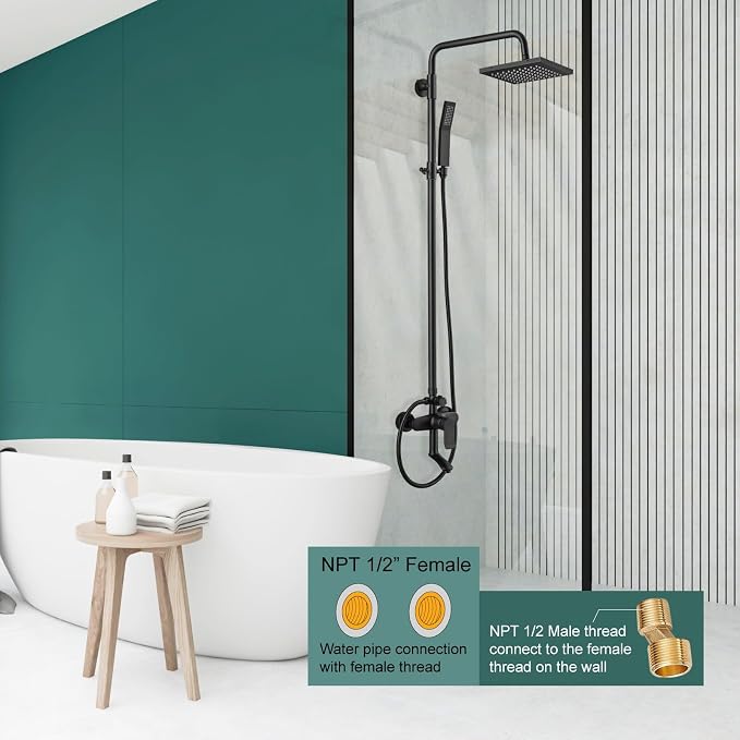 Heyalan 8-Inch Exposed Shower System with Handheld, Tub Spout, Matte Black | 3-function exposed shower system with 8-inch rainfall head, handheld shower, tub spout, adjustable slide bar, 1.8 GPM
