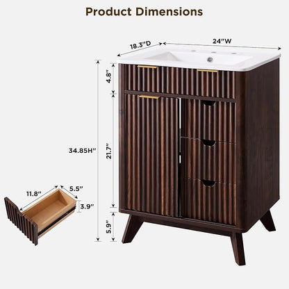 T4TREAM 24" Fluted Bathroom Vanity with Ceramic Sink Combo, Dark Walnut | Freestanding Small Modern Bathroom Storage Vanity Cabinet with Sliding Door & 3 Drawer, Wood Grain Texture, Metal Handle