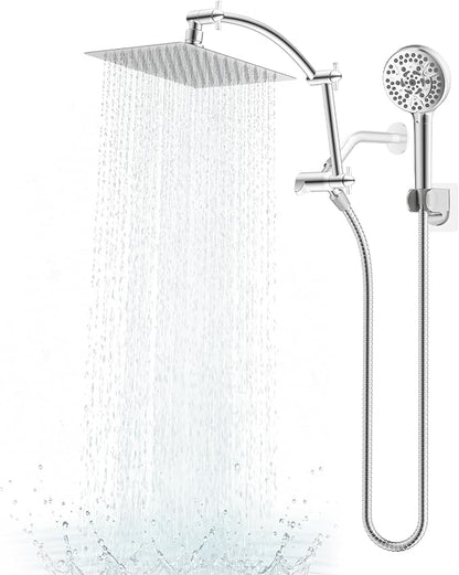 Hibbent All Metal 8" High Pressure Rain Shower Head Combo, Chrome | cUPC Certified Rainfall Shower Head with handheld 10 Sprays, 16'' Adjustable Extension Arm, 71'' Hose, Showerhead Holder