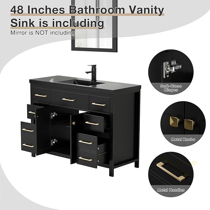 LUCKWIND 48" Modern Bathroom Vanity and Black Sink, Painted Bathroom Storage Cabinet with Single Resin Sink, Two Doors and Four Drawers, Include Faucet Without Mirror, Black