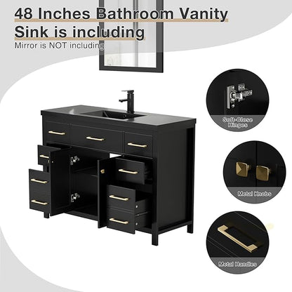 LUCKWIND 48" Modern Bathroom Vanity and Black Sink, Painted Bathroom Storage Cabinet with Single Resin Sink, Two Doors and Four Drawers, Include Faucet Without Mirror, Black