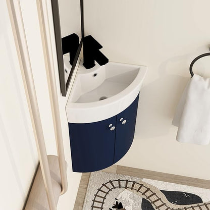 Malwee 13 Inch Wall-Hung Vanity, Corner Vanity, 13'' Floating Bathroom Vanity with Sink, with 1 Door and White Ceramic Basin Sink Top (053-13)