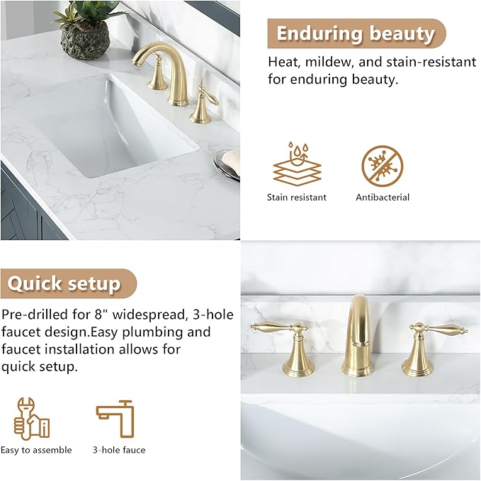 Ceres 43" Engineered Stone Vanity Top in Grain White with Single White Sink