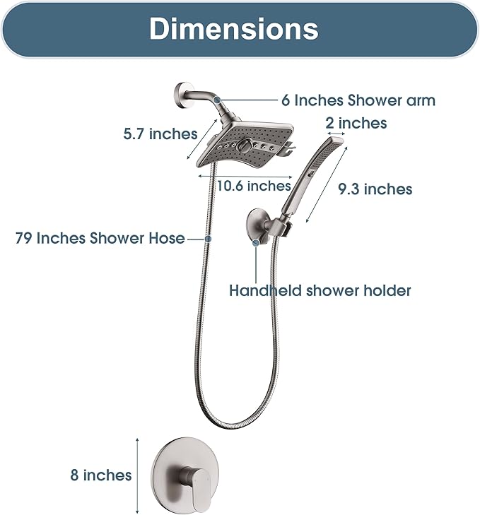 BRIGHT SHOWERS Dual Shower Head System with Handheld and Rainfall Shower, Shower Faucet Set with Valve and Trim Kit, Includes 79-Inch Stainless Steel Hose, Brushed Nickel
