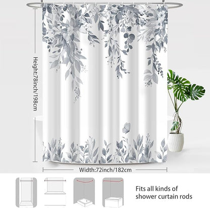 Light Grey Floral Eucalyptus Shower Curtain with Hooks, 72x78 Inch | Waterproof Fabric, Watercolor Leaves and Floral, Botanical Style, Machine Washable, Quick-Drying, for Hotel Bathroom