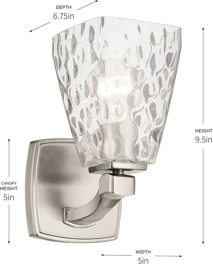 Kichler Marant 5" 1-Light Wall Sconce with Clear Water Glass in Brushed Nickel, for Bathroom, Powder Room, Hallway, (5" W x 9.5" H), 55214NIWTR
