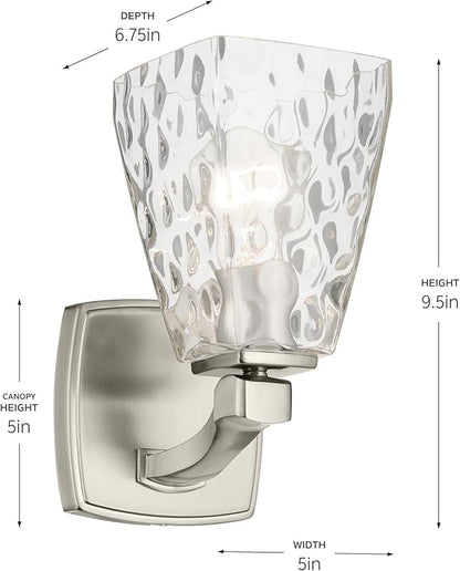 Kichler Marant 5" 1-Light Wall Sconce with Clear Water Glass in Brushed Nickel, for Bathroom, Powder Room, Hallway, (5" W x 9.5" H), 55214NIWTR