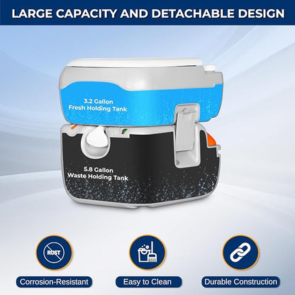 SereneLife 5.8 Gal Portable Camping Toilet with Carry Bag & Level Indicator | Self-Contained 5.8-Gal Waste Tank, Up To 100 Flushes, Leak-Resistant Design And Hand Sprayer For Camping, RVs And Boating