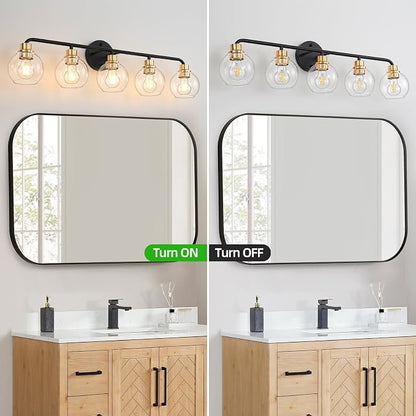 5 Light Bathroom Vanity Light, Black and Gold Bathroom Light Fixtures | with Clear Glass Shade Modern Wall Sconces Lighting Bath Wall Lights Lamp for Mirror Kitchen Living Room Bedroom Hallway