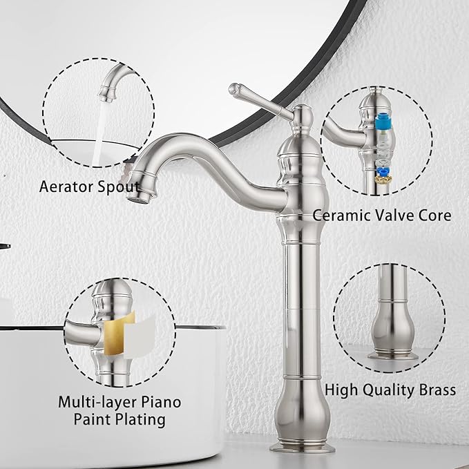 GGStudy 360° Swivel Single Handle One Hole Bathroom Vessel Sink Faucet Matching Pop Up Drain Without Overflow Brushed Nickel