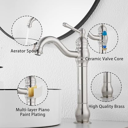 GGStudy 360° Swivel Single Handle One Hole Bathroom Vessel Sink Faucet Matching Pop Up Drain Without Overflow Brushed Nickel