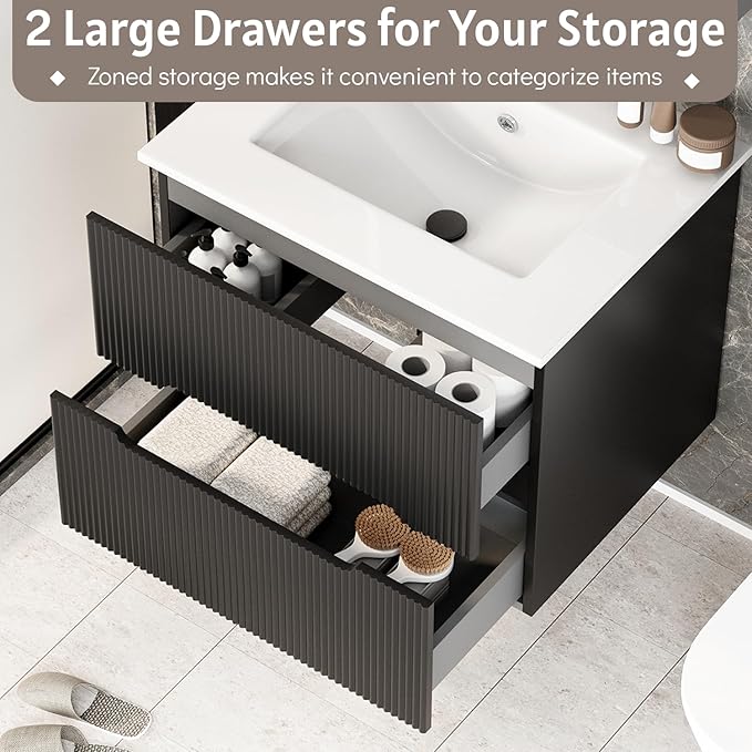 EROMMY 24 Inch Bathroom Vanity with Sink, Floating Bathroom Vanity with Ceramic Basin, Wall Mounted Bathroom Sink Cabinet Set with Soft-Close 2 Drawers, Faucet & Pop Up Drain, Black