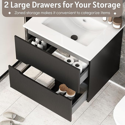 EROMMY 24 Inch Bathroom Vanity with Sink, Floating Bathroom Vanity with Ceramic Basin, Wall Mounted Bathroom Sink Cabinet Set with Soft-Close 2 Drawers, Faucet & Pop Up Drain, Black