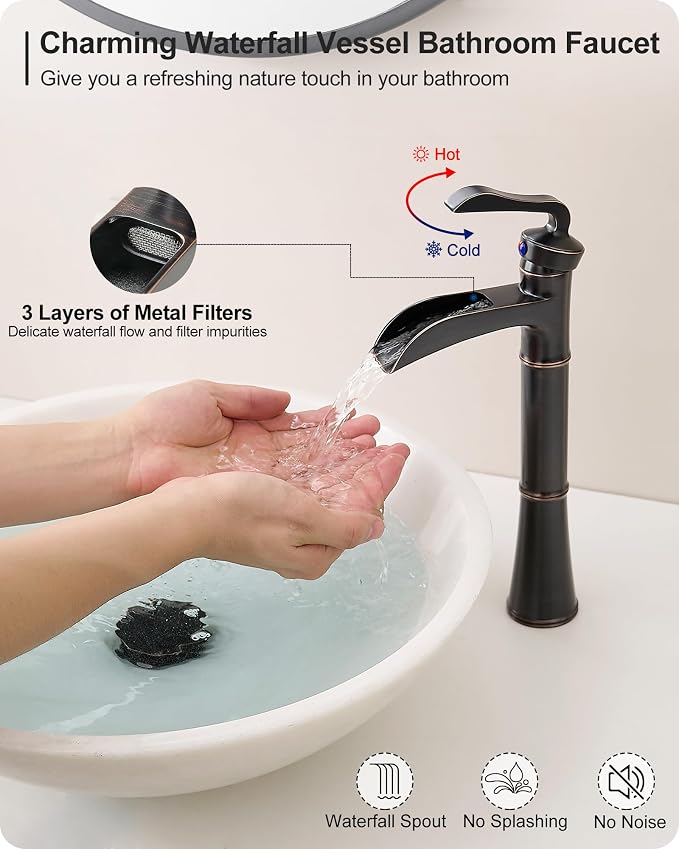 Tall Vessel Sink Faucet, Oil Rubbed Bronze Bathroom Faucet Waterfall Bathroom Faucets One Hole, Brass Bathroom Sink Faucet Single Handle with Pop-Up Drain & Water Hoses, 5 Mins Install