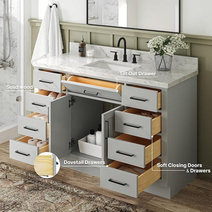 ARIEL Hepburn 54-inch Bathroom Vanity Base Cabinet,Solid Wood, 2 Soft Closing Doors, 9 Dovetail Drawers, Grey