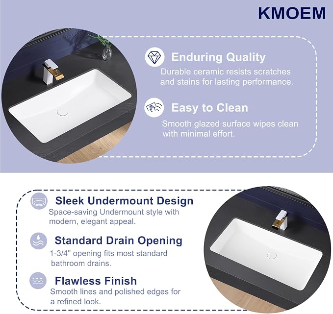 Undermount Bathroom Sink 32x17 Inch Small Bathroom Sink White Porcelain Ceramic Bathroom Under Counter Lavatory Vanity Sink Basin Rectangular Undermount Sinks with Overflow