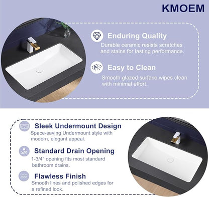 Undermount Bathroom Sink 32x17 Inch Small Bathroom Sink White Porcelain Ceramic Bathroom Under Counter Lavatory Vanity Sink Basin Rectangular Undermount Sinks with Overflow