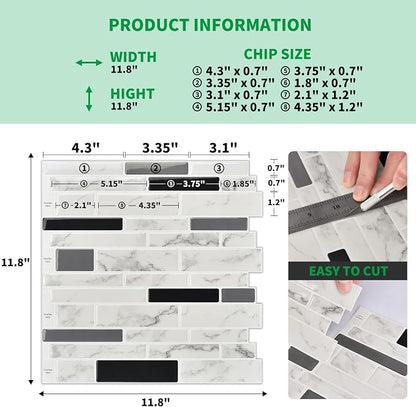 LONGKING 10-Sheet Peel and Stick Tile Backsplash, Vinyl Self-Adhesive Tile Stickers for Kitchen, Bathroom, White Marble | Peel and stick backsplash, vinyl PVC, marble, waterproof, kitchen bathroom wall, 10-sheet, set B