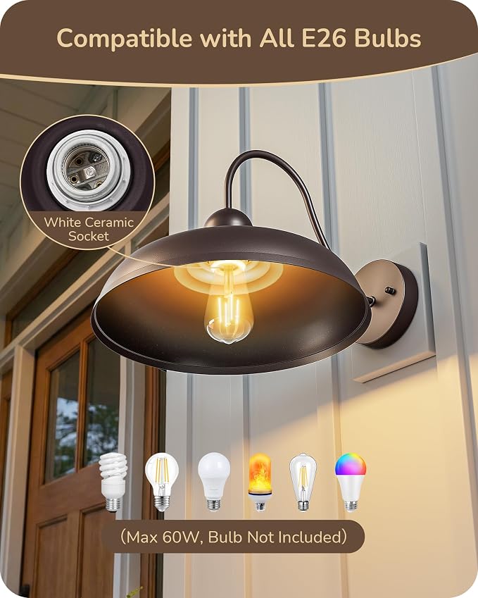 EDISHINE 12" Farmhouse Gooseneck Barn Light, 2 Pack Outdoor Wall Light | Brown, E26 Socket, Hardwired, Wall Mount Lantern for Porch, Entryway, Garage, Garden, Patio
