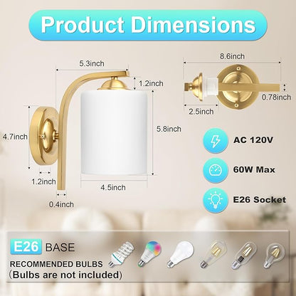 CANMEIJIA Gold Wall Light Fixtures, Wall Sconce 1 Light, Gold Wall Lamp Bathroom Vanity Lightting for Mirror Bedroom Hallway Kitchen Porch, Milky White Glass Shades, E26 Socket, Bulbs Not Included