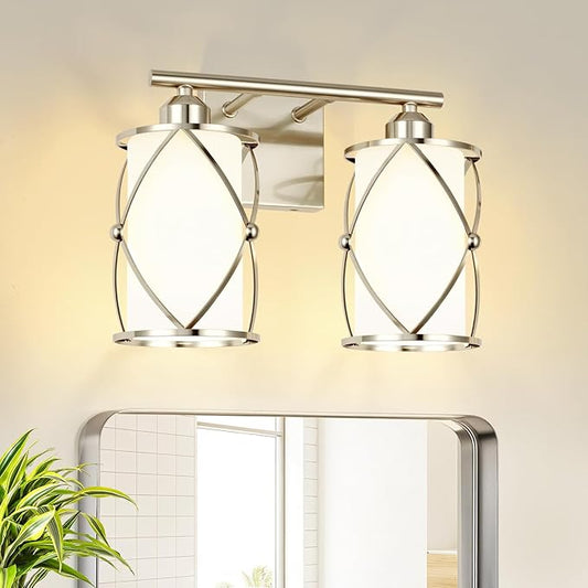 2-Light Brushed Nickel Bathroom Light Fixtures with Milk Frosted Glass, 13" Modern Bathroom Vanity Lighting Fixtures Over Mirror with Metal Cage, Wall Sconce Light for Bath, E26, CH9176BNW-2W