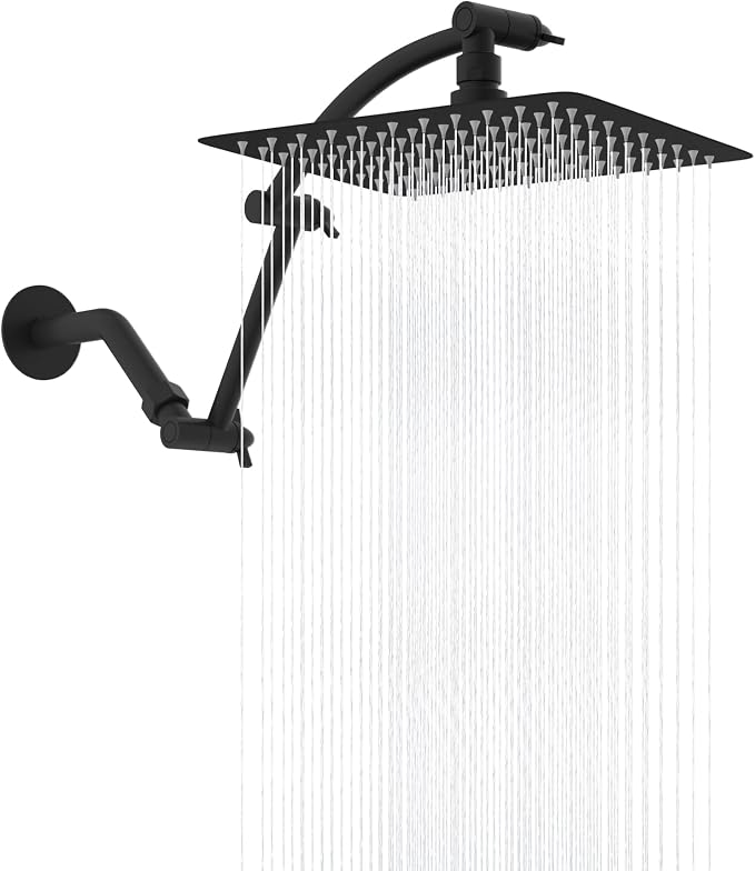 Hibbent All Metal 10'' Rain Shower Head, 16'' Extension Arm, Matte Black | cUPC Certified High Pressure Rainfall Showerhead with Solid Brass Adjustable Shower Head Extension Arm, Fixed Showerheads