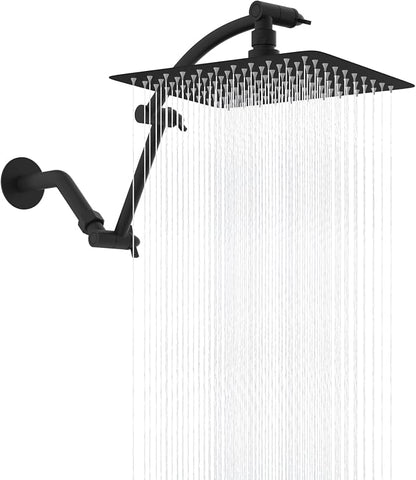 Hibbent All Metal 10'' Rain Shower Head, 16'' Extension Arm, Matte Black | cUPC Certified High Pressure Rainfall Showerhead with Solid Brass Adjustable Shower Head Extension Arm, Fixed Showerheads