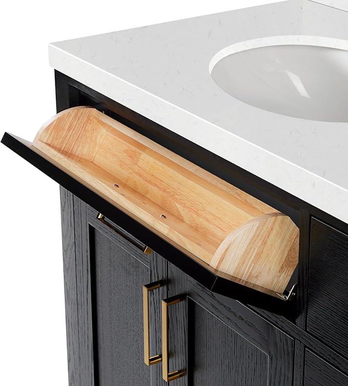 ARIEL Hepburn 66-inch Bathroom Vanity with Sink,Solid Wood, 1.5-inch Carrara White Quartz Countertop & Backsplash, Double Oval Porcelain Sink, 4 Soft Closing Doors, 6 Dovetail Drawers, Black Oak