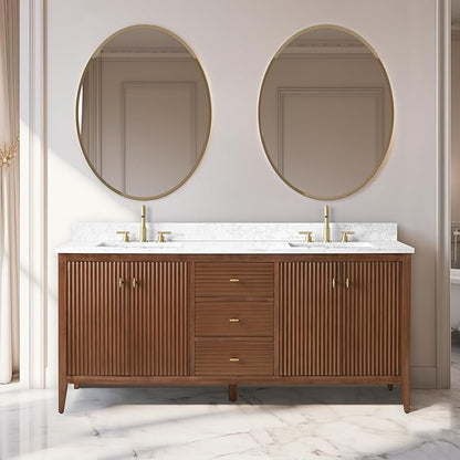Vanity Art 72 inch Bathroom Vanity with Double Sink & Ceramic Top, Vanity Cabinet with Soft-Closing Door, Solid Wood Frame, Linear Pattern, Walnut, Golden Brushed Handware VA9172-DWalnut-GB