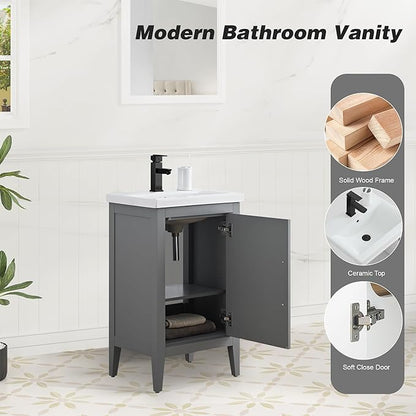 HomeBeyond 20 Inch Bathroom Vanity with Sink & Ceramic Top, Single Vanity Cabinet with Basin, Soft-Closing Doors & Matte Black Hardware, Grey