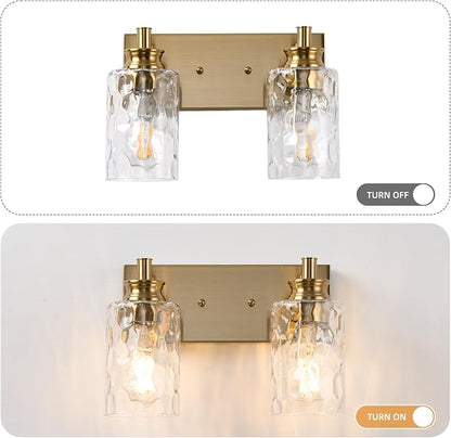 2 Light Bathroom Vanity Light Modern Brushed Gold Bathroom Light Fixtures Over Mirror with Hammered Glass Lampshade for Kitchen Hallway