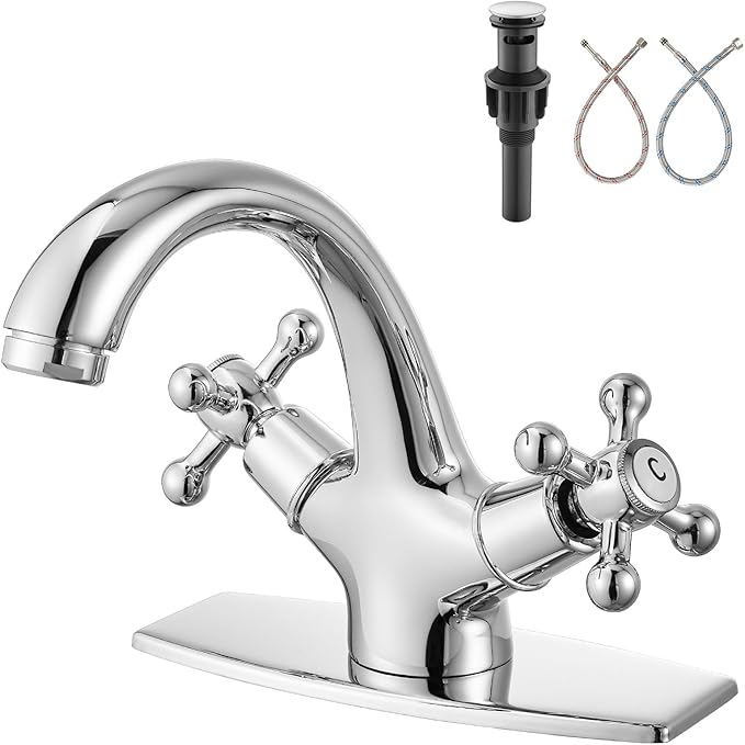 Aolemi Bathroom Sink Faucet Single Hole Cold and Hot Double Handle Cross Knobs Vanity Vessel Sink Basin Mixer Tap with Deck Cover Plate with Pop Up Drain Polish Chrome