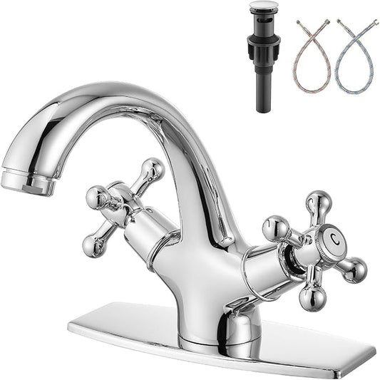 Aolemi Bathroom Sink Faucet Single Hole Cold and Hot Double Handle Cross Knobs Vanity Vessel Sink Basin Mixer Tap with Deck Cover Plate with Pop Up Drain Polish Chrome