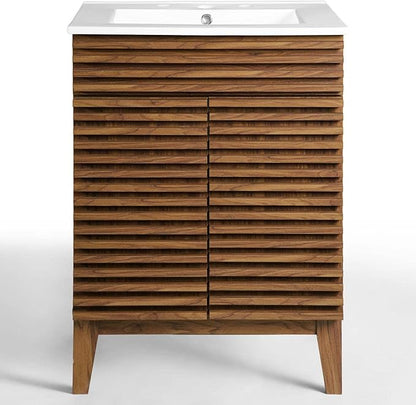 Modway Render Mid-Century Bathroom Vanity With Sink in Walnut White,24 Inch