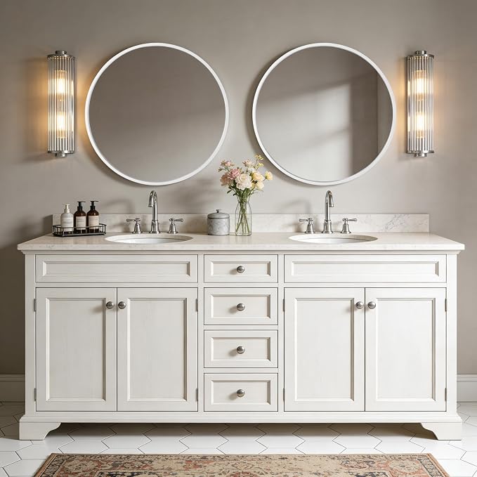 Round Wood Mirror 28 inch Circle Wall Mirror for Bathroom Round Wall Mirror for Wall Decor, Vanity, Entryway Living Room (White)